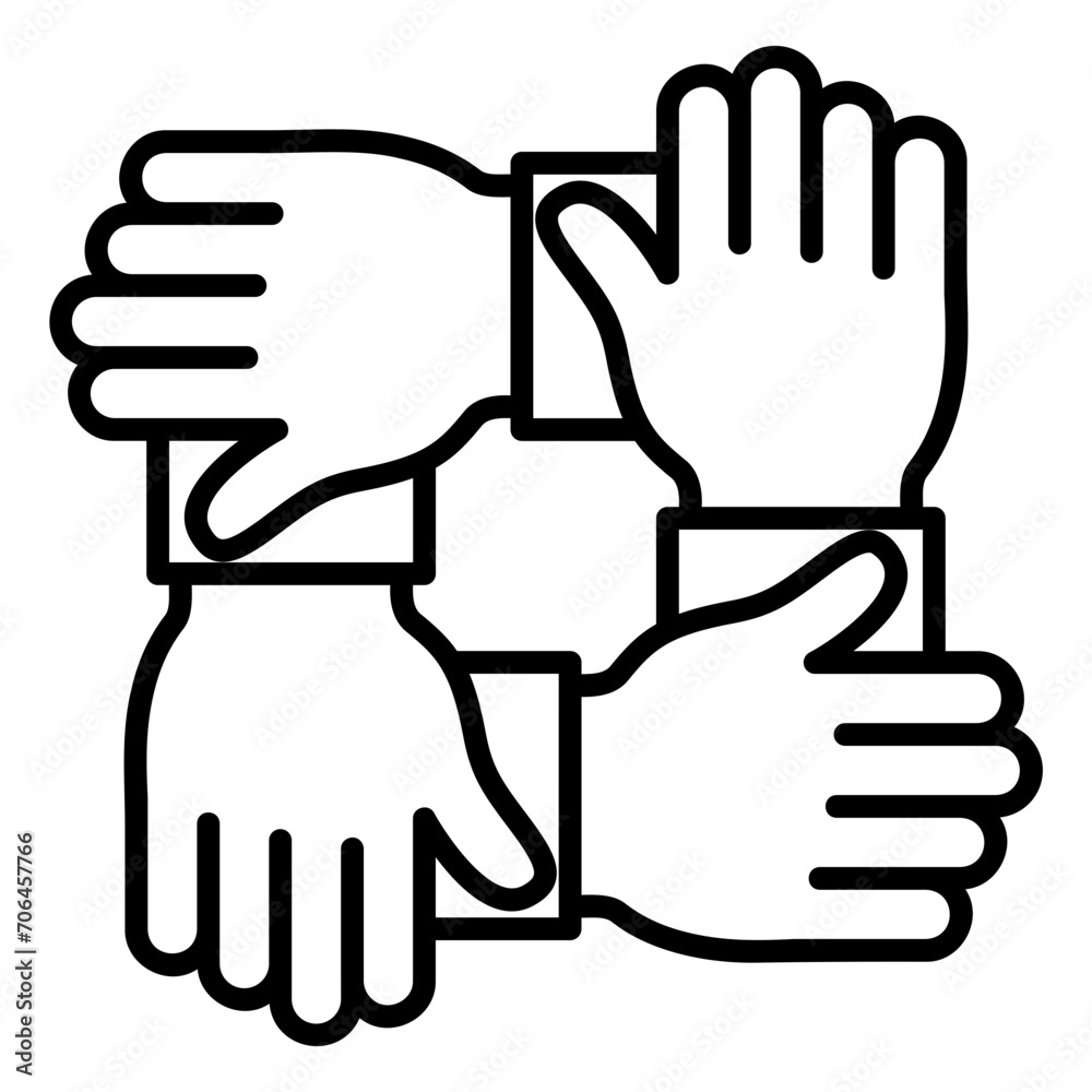 Collaboration icon with four hands holding each other's arms Collaboration icon with four hands holding each other's arms