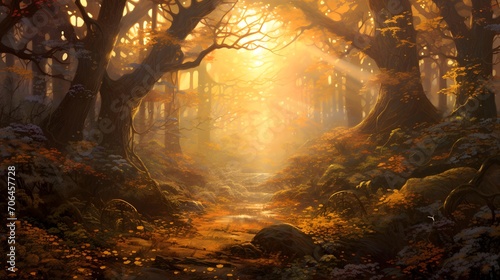 Fantasy forest with fog and sun. Panoramic image.