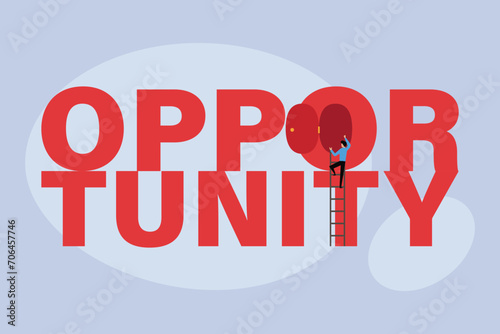 Businessman climbing the ladder and open an opportunity door 2d flat vector illustration