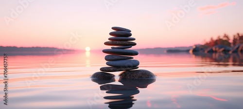 Tranquil zen stones stacked by a serene stream in a peaceful peach fuzz colored landscape