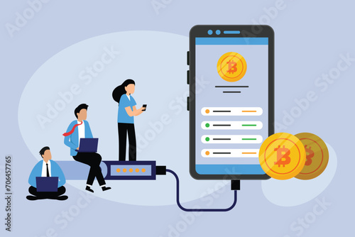 Young people with Digital Wallet technology for cryptocurrency 2d flat vector illustration photo
