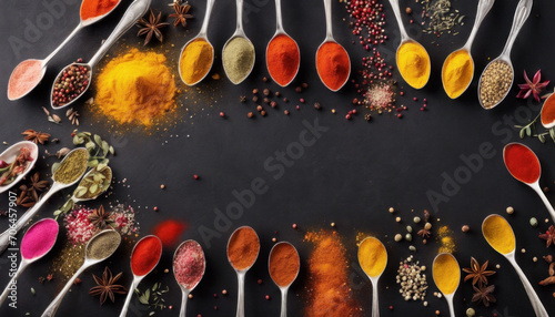Array of spoons, each containing different types and colors of spices, arranged on a dark background.