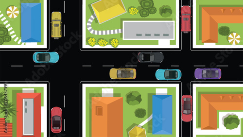 top view flat background of location map with car and road and building nearby