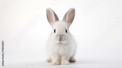 Close-up of Portrait of a white cute rabbit with surprised expression on a white background with copy space. Easter  holiday  animals  spring concepts.