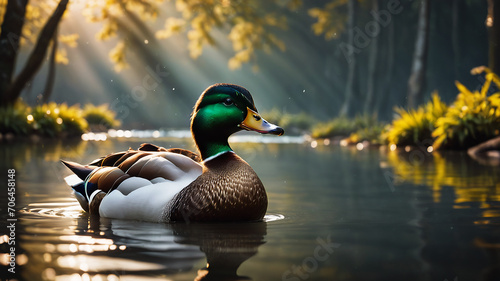 Beautiful duck swimming in the pond at golden hour. Generative Ai 