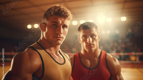 Two wrestlers in the wrestling room