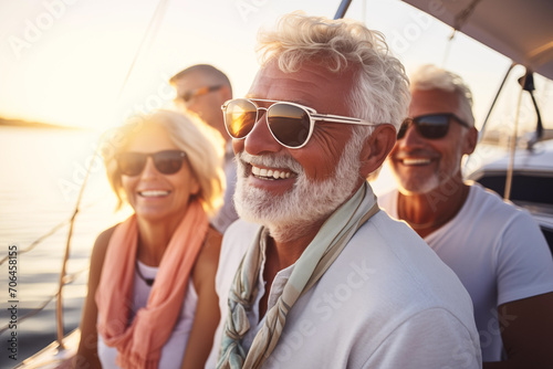 happy senior people on sailboat, group of smiling retired men and women on luxury yacht at sunset, sailing