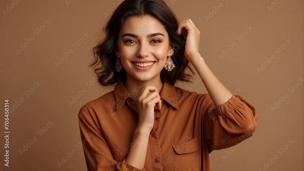 Horizontal shot of pleased tender Iranian girl keeps hand on neck smiles happily concentrated aside being in good mood has pleasant thoughts in mind dressed in stylish clothes isolated over brown wall Horizontal shot of pleased tender Iranian girl keeps hand on neck smiles happily concentrated aside being in good mood has pleasant thoughts in mind dressed in stylish clothes isolated over brown wall