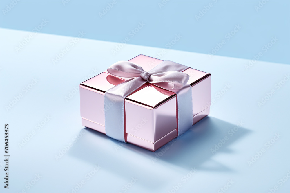 Shiny pink gift box with pink ribbon bow on blue background, birthday and Valentine present promotion offer concept. Shiny pink gift box with pink ribbon bow on blue background, birthday and Valentine present promotion offer concept.