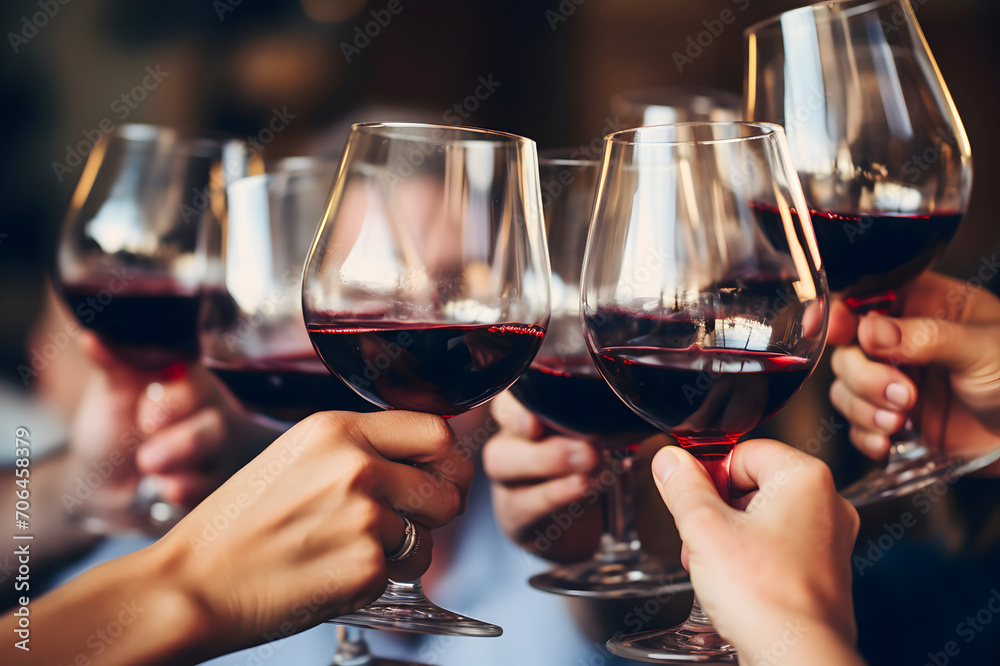 Group of people clinking glasses of red wine, close-up