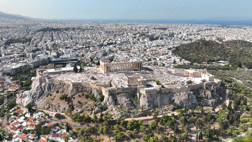 Aerial drone photo of iconic and picturesque Plaka and Monastiraki districts - Roman forum, Athens historic centre, Attica, Greece