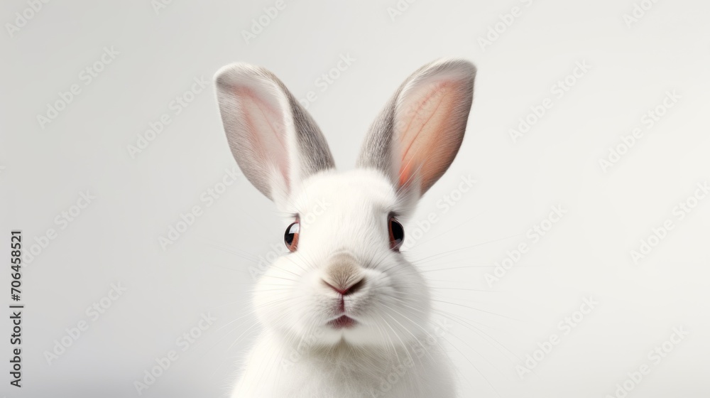 Close-up of Portrait of a white cute rabbit with surprised expression on a white background with copy space. Easter, holiday, animals, spring concepts. Close-up of Portrait of a white cute rabbit with surprised expression on a white background with copy space. Easter, holiday, animals, spring concepts.