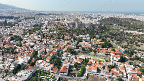 Aerial drone photo of iconic and picturesque Plaka and Monastiraki districts - Roman forum, Athens historic centre, Attica, Greece