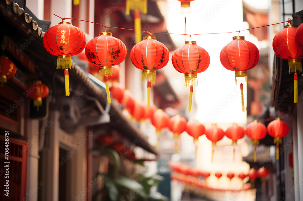 Chinese red lanterns in the ancient town of Suzhou, China
