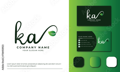 KA K A initial letter handwriting and signature logo and green leaf and business card vector photo