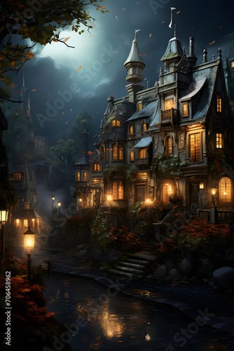 Halloween night scene with haunted castle and moonlight, 3d render © A