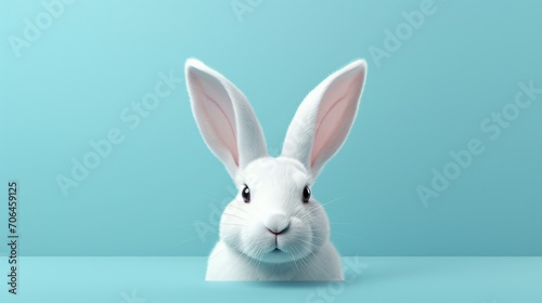 Whimsical Easter Bunny: Fluffy White Rabbit Ear on a Pastel Blue Background, Celebrating the Joy of Spring with Adorable Holiday Tradition and Festive Colors. © Spear