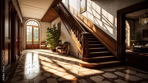 Interior of a modern house with wooden stairs and windows in sunlight