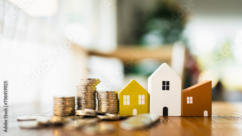 Cuadro en lienzo Wood house and row of coin money on wood table and , selective focus, Planning to buy property
