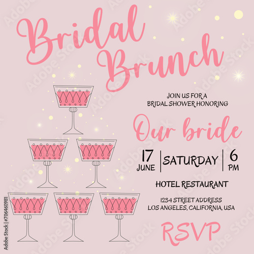 Brunch and bridal. Bridal shower invitation with glasses of champagne on pink background. Bachelorette party invitation template with tower of glasses. Vector illustration. Bubble brunch. 