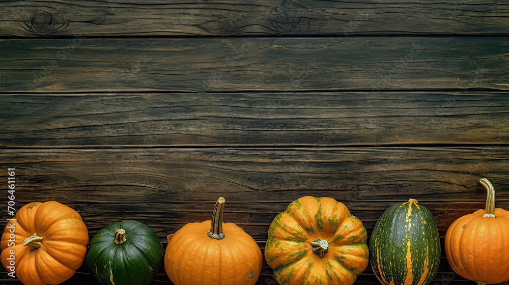 A group of pumpkins on a olive green color wood boards A group of pumpkins on a olive green color wood boards