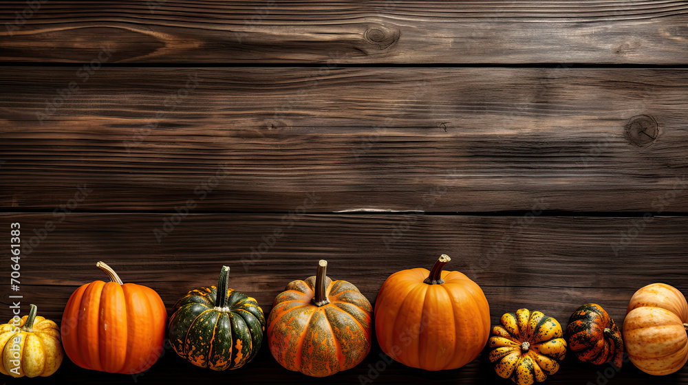 A group of pumpkins on a dark brown color wood boards