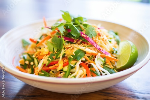 close-up, colorful asian slaw with peanut sprinkle