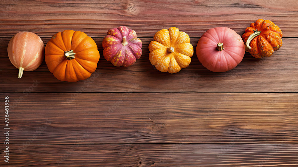A group of pumpkins on a light maroon color wood boards A group of pumpkins on a light maroon color wood boards