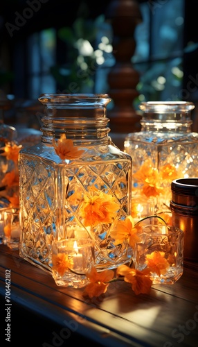 Candles and flowers in a glass vase on the windowsill