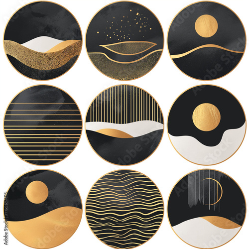 Set of Instagram Highlight Covers Icon, Social media set in boho landscape travel style. Gold and Black Abstract Icons isolated on white background.
