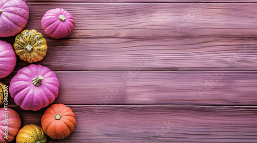 A group of pumpkins on a light magenta color wood boards