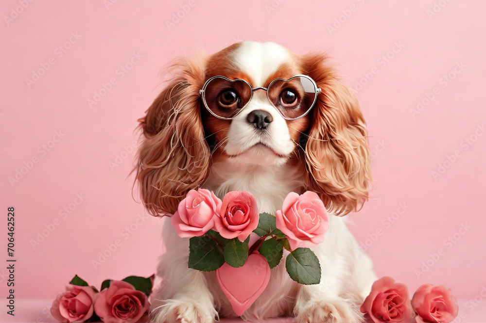 Cute royal King Charles spaniel dog with rose flowers on Valentine's Day, birthday or Mother's Day on a pink background. Valentine's Day concept, Birthday, Postcard
