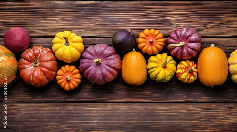A group of pumpkins on a vivid maroon color wood boards A group of pumpkins on a vivid maroon color wood boards