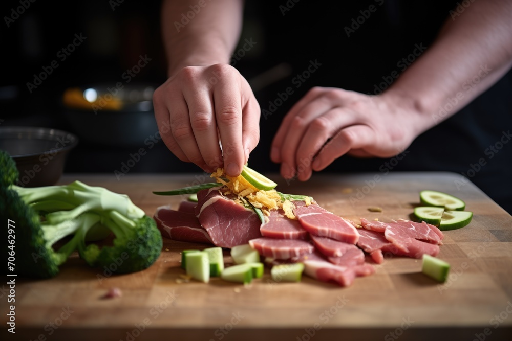 hand of a chef adding ginger slices to beef and broccoli