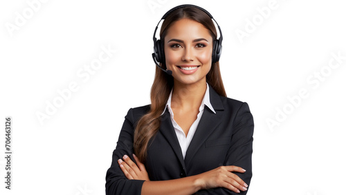 Portrait of a happy call center woman arms crossed isolated on a transparent background for consulting. Smile, customer support or service career with a young employee on PNG for telemarketing