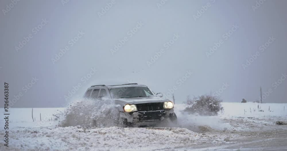 Adrenaline drive of rally racing suv car drifting on slippery snow in slow motion
