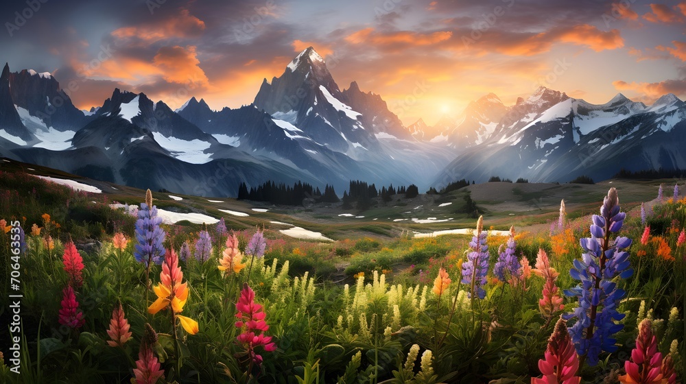 Beautiful panoramic view of alpine meadow and mountains at sunset - obrazy, fototapety, plakaty 