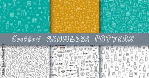 Collection of  seamless pattern with acoholic and non-acoholic cocktail, bottles and glasses. Great for decoration interior, print posters, banner, menu design, packaging. Doodle style. Hand drawn