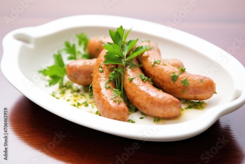 sausage links on a ceramic dish with parsley garnish