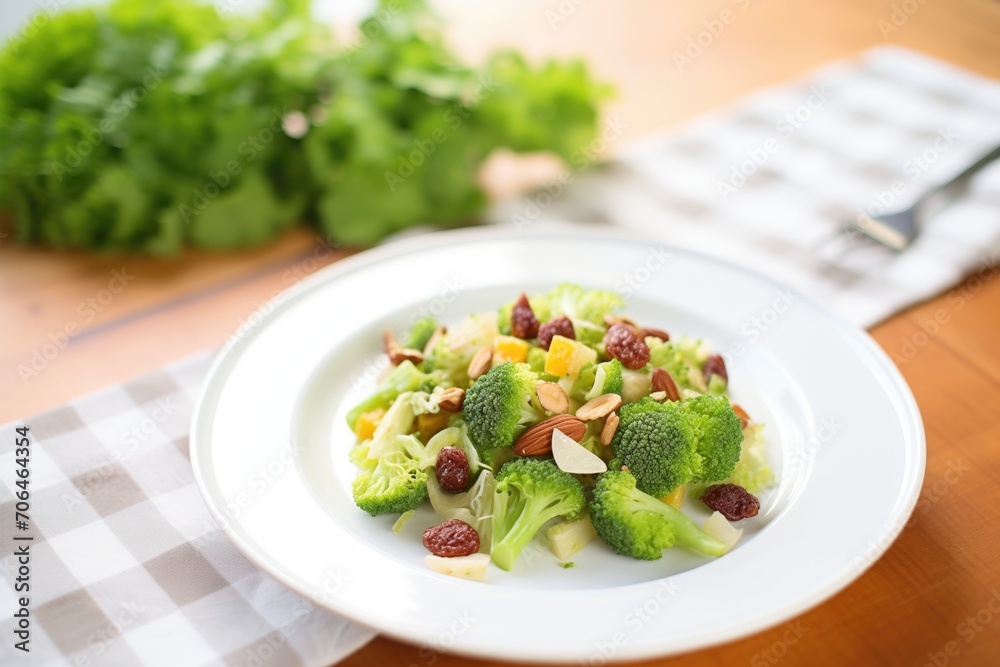single serving of broccoli raisin salad on a small plate single serving of broccoli raisin salad on a small plate