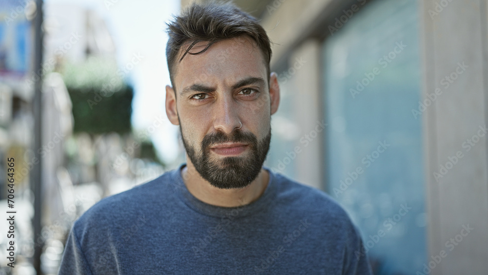 Young hispanic man standing with serious expression at street Young hispanic man standing with serious expression at street
