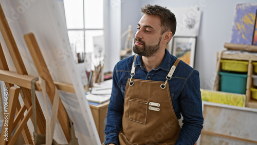 In the heart of the art studio, doubting yet determined, young hispanic man artist in an apron, with beard and palette, intently looking at his canvas, deep in thought over his drawing