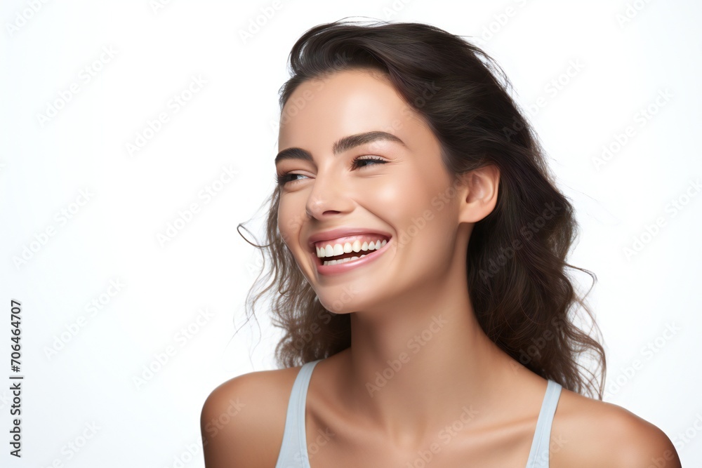 professional portrait studio photo of a handsome young white american tatooed woman model with perfect clean teeth laughing and smiling. isolated on white background. for ads and web design professional portrait studio photo of a handsome young white american tatooed woman model with perfect clean teeth laughing and smiling. isolated on white background. for ads and web design