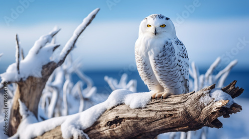 Snowy owl, Bubo scandiacus, isolated sitting on a wooden branch