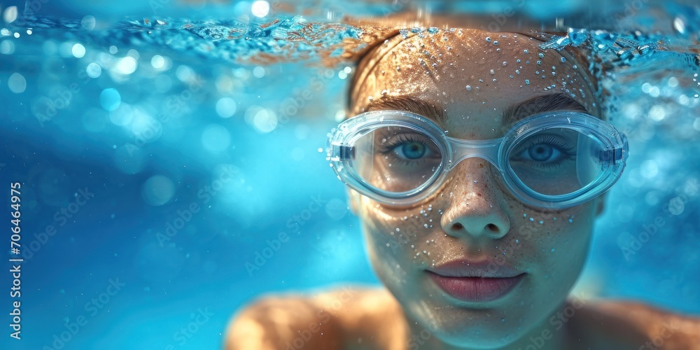 Naklejka premium Face of female sport swimmer, swimming in the water in pool