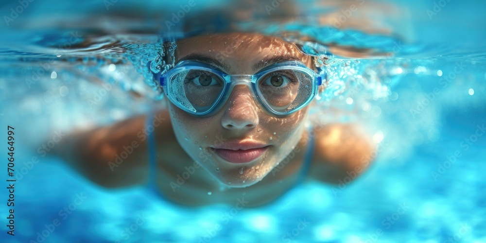 Face of female sport swimmer, swimming in the water in pool