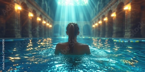 Face of female sport swimmer, swimming in the water in pool