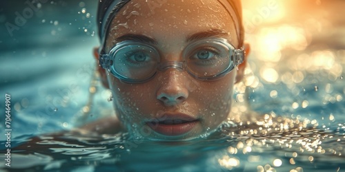 Face of female sport swimmer, swimming in the water in pool