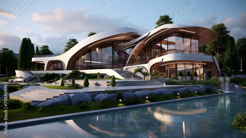 Exterior view of a modern luxury villa with swimming pool.