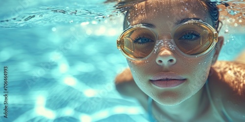 Face of female sport swimmer, swimming in the water in pool